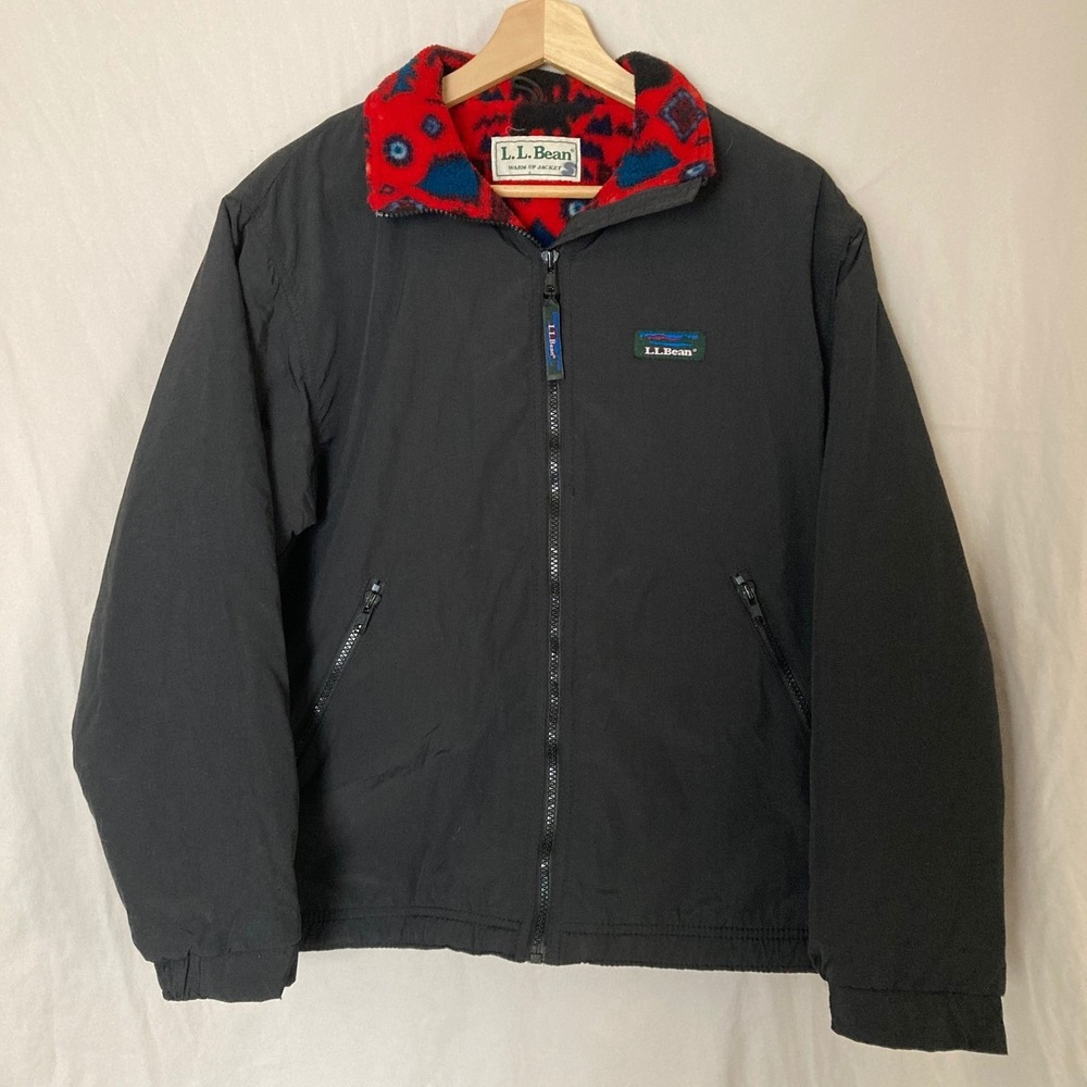 Vintage 90s LL Bean Warm-Up Jacket Black Nylon Red outdoors Fleece Lined Small
